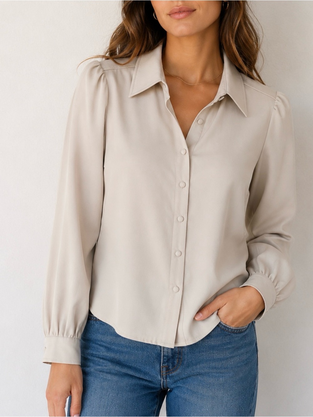 Chicos L cream faux leather puff shoulder button down collared classic chic top
